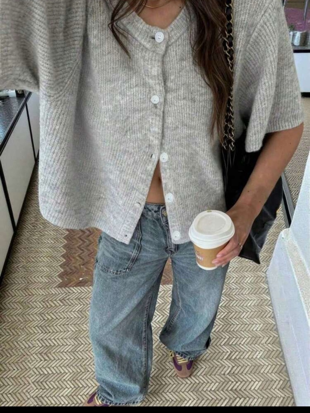 SHEIN Light Gray Button-Up Ribbed Short-Sleeve Cardigan